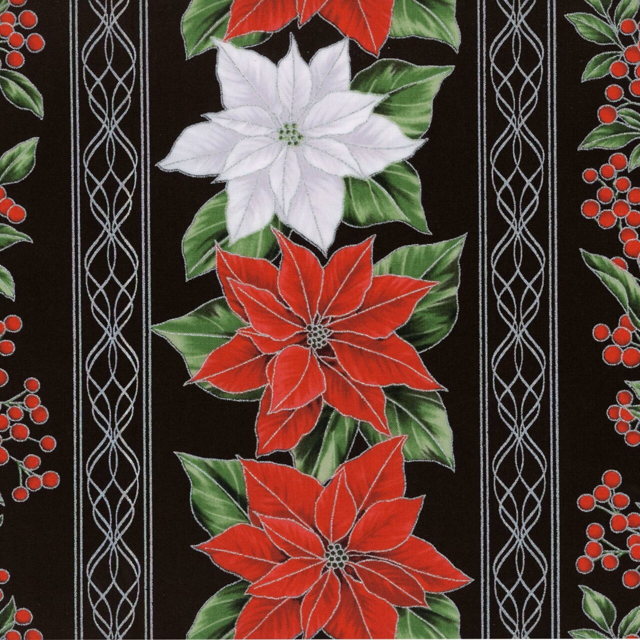 Fabric Hoffman Onyx Silver Poinsettia Stripe Blooming Holidays by the Quarter Yard X7789-213S